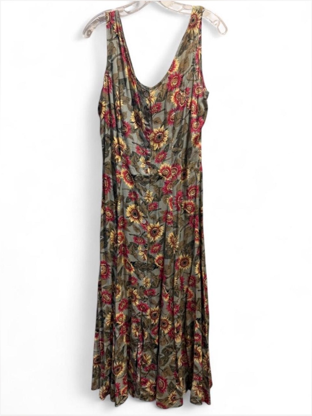 Sleeveless Floral Maxi Dress in Olive with Pink and Yellow Accents